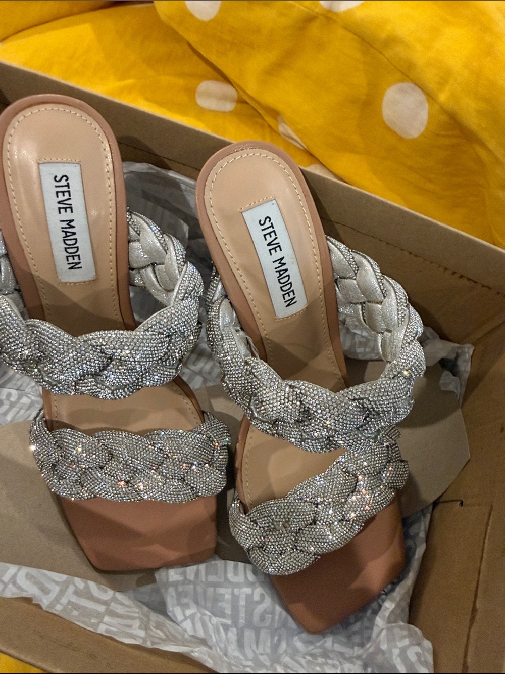 Steve Madden Crystal Braided Strap Heel Sandals - Nude/Champagne - Picture 3 of 5
